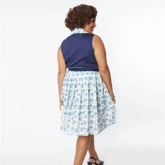 Unique Vintage White & Blue Floral Eyelet Collins Wrap Swing Skirt - 2X/18 - Picture 4 of 4